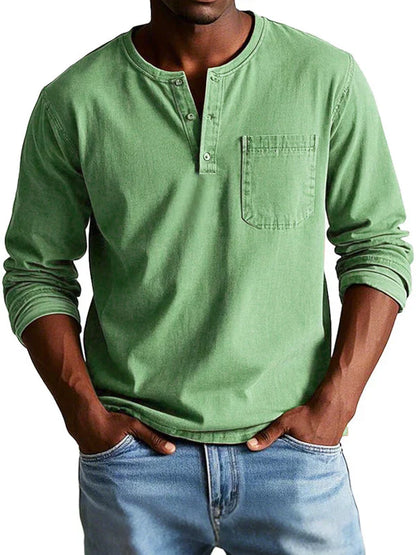 Men's Long Sleeve Henley Shirt Button Placket Chest Pocket