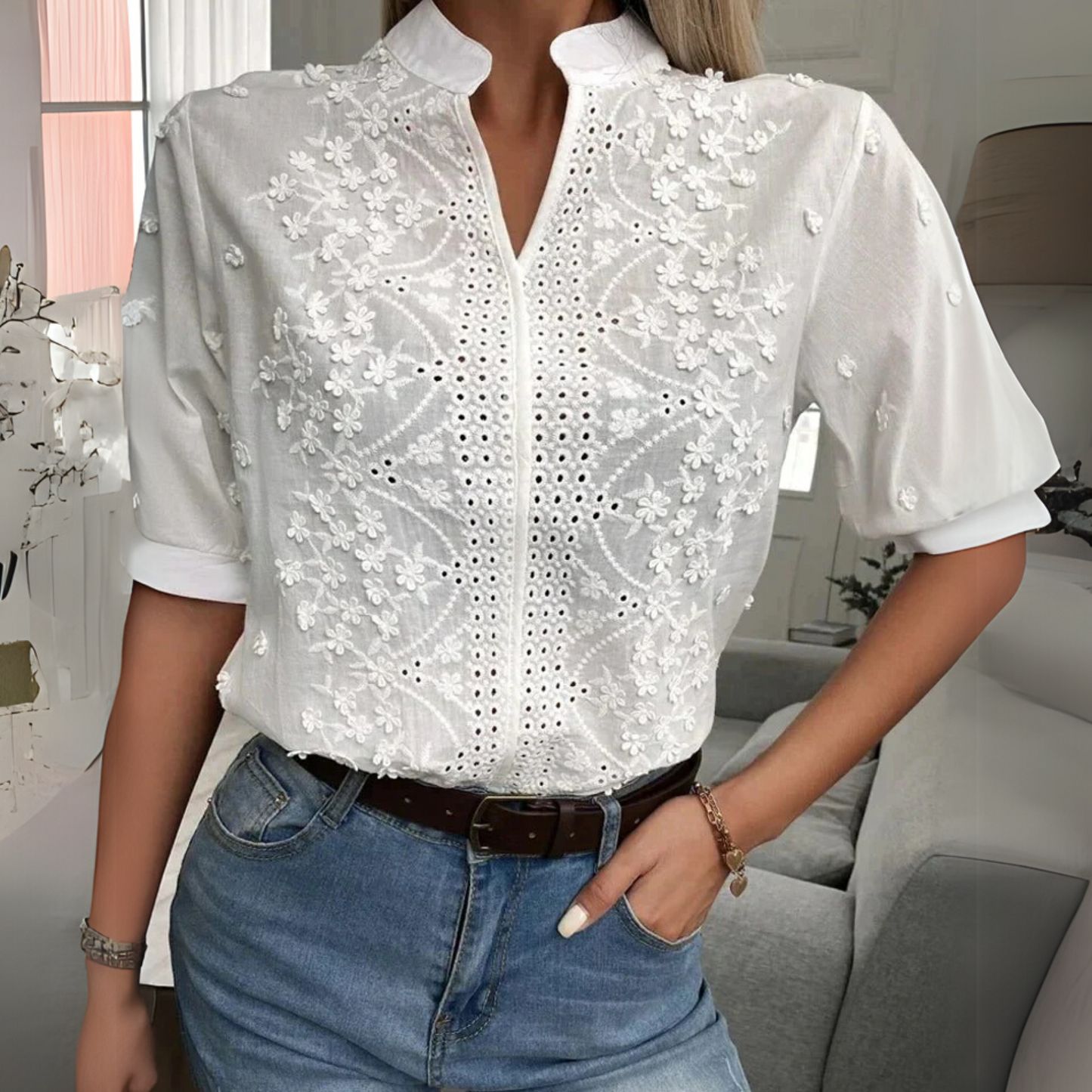 Women's Embroidered Blouse Floral Mandarin Collar - VibreMode