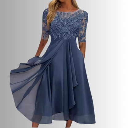 Women's Lace Midi Dress Round Neck Half Sleeves - VibreMode