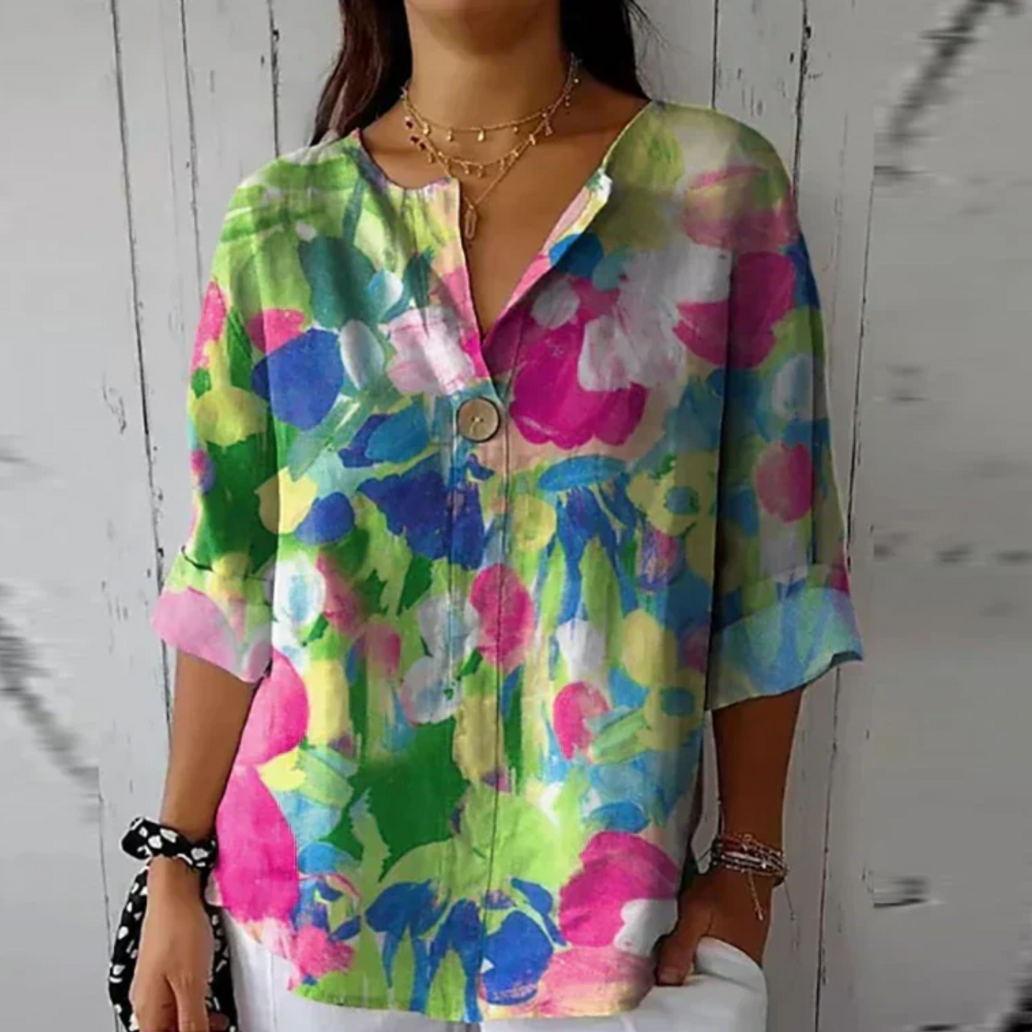 Women's Floral V-Neck Blouse Short Sleeve