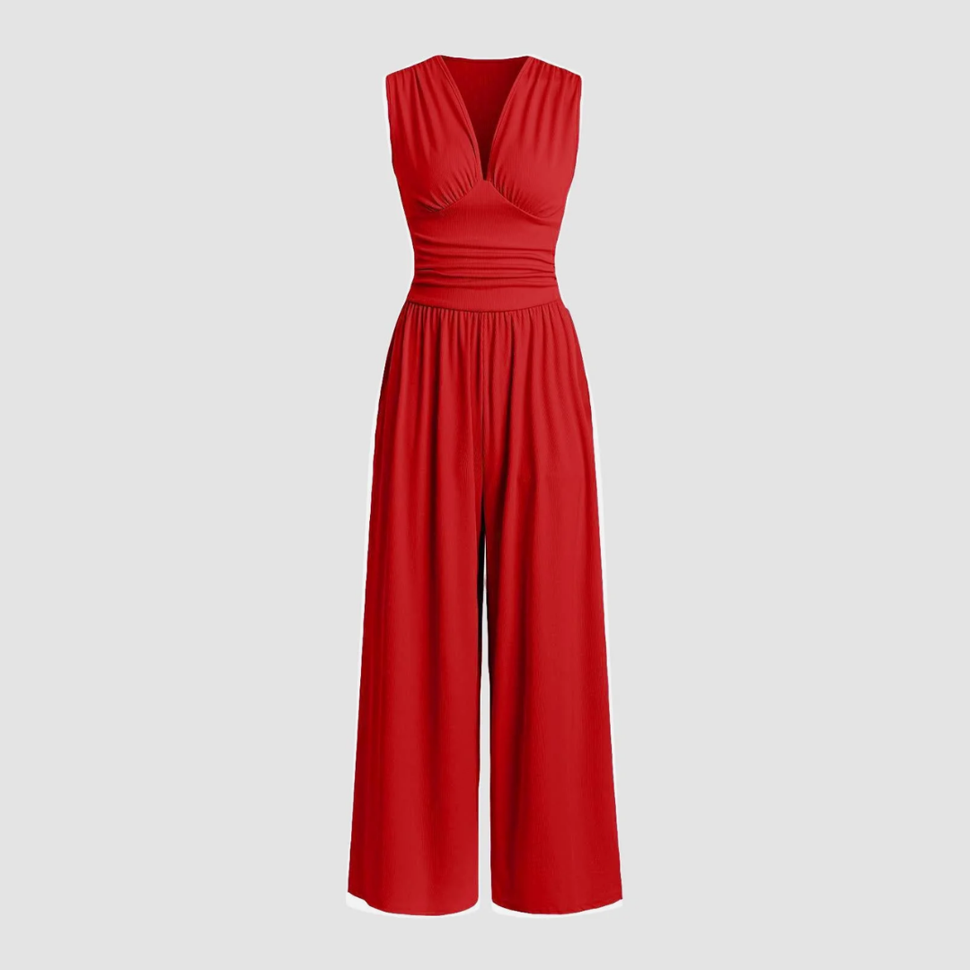 Women's Sleeveless Jumpsuit V-Neck Pleated Waist - VibreMode