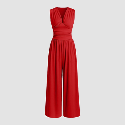 Women's Sleeveless Jumpsuit V-Neck Pleated Waist - VibreMode