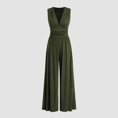 Women's Sleeveless Jumpsuit V-Neck Pleated Waist