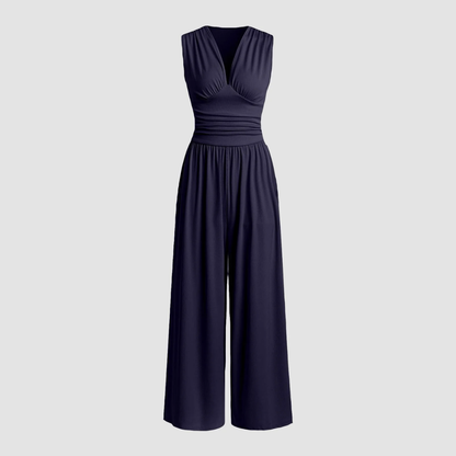 Women's Sleeveless Jumpsuit V-Neck Pleated Waist