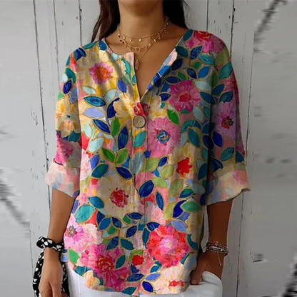 Women's Floral Print Blouse Button Front Closure