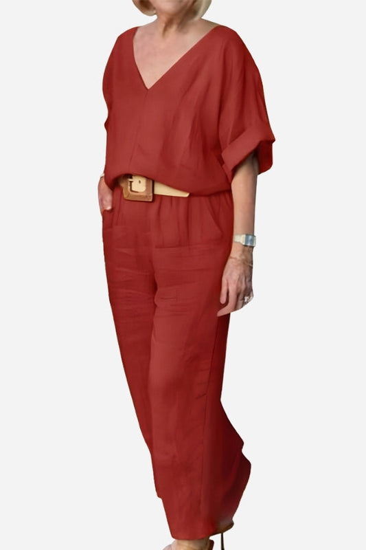 Women's Chic V-Neck Blouse and Slim Fit Pants Set - VibreMode