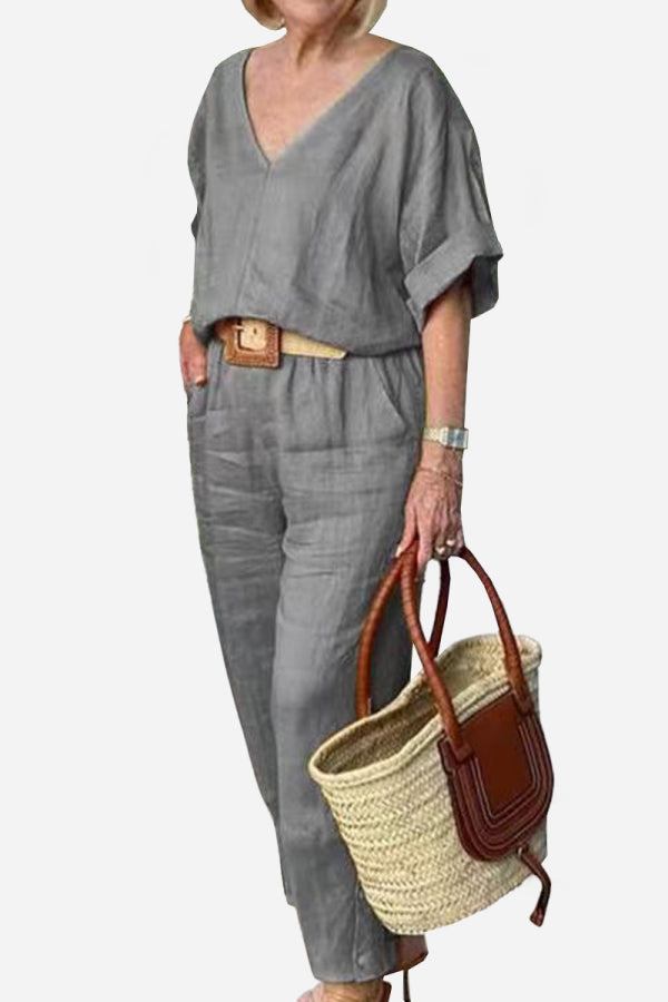 Women's Chic V-Neck Blouse and Slim Fit Pants Set