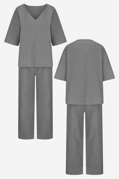 Women's Chic V-Neck Blouse and Slim Fit Pants Set