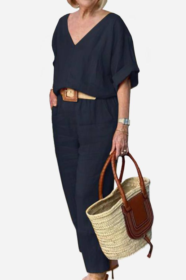 Women's Chic V-Neck Blouse and Slim Fit Pants Set