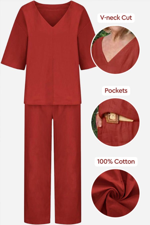 Women's Chic V-Neck Blouse and Slim Fit Pants Set