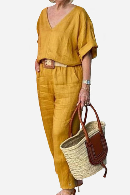 Women's Chic V-Neck Blouse and Slim Fit Pants Set