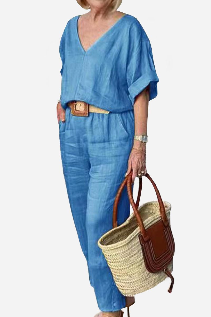 Women's Chic V-Neck Blouse and Slim Fit Pants Set