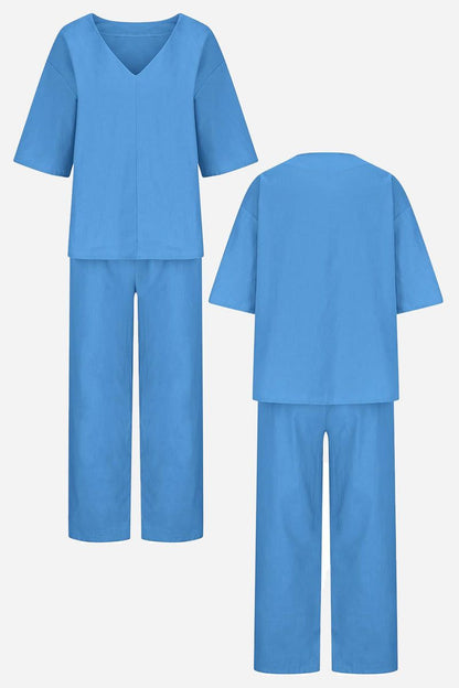 Women's Chic V-Neck Blouse and Slim Fit Pants Set