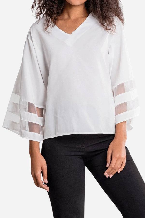 Women's V-Neck Blouse Mesh Detail Bell Sleeves - VibreMode