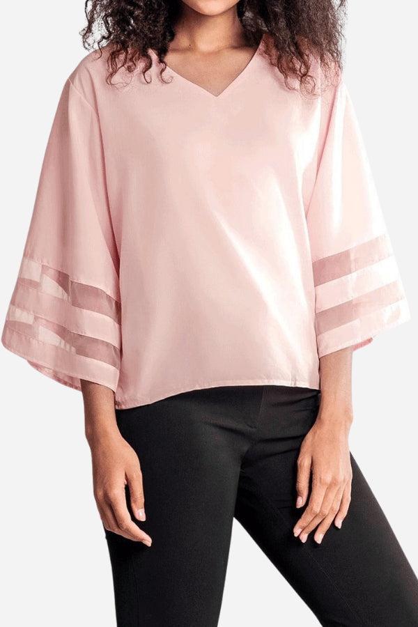 Women's V-Neck Blouse Mesh Detail Bell Sleeves