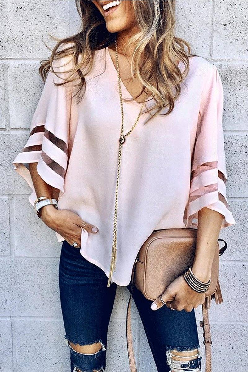 Chic V-Neck Bell Sleeve Women's Blouse with Lace Detail