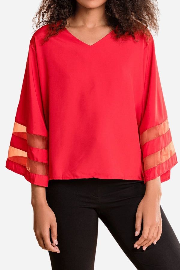 Chic V-Neck Bell Sleeve Women's Blouse with Lace Detail