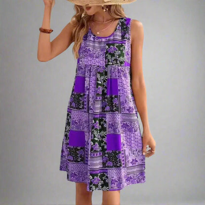 Women's Patchwork Mini Dress Sleeveless Boho Print