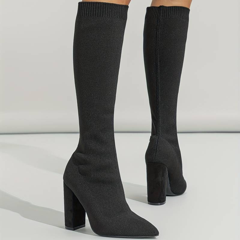 Women's Pointed Toe Booties Block Heel Knee High Boots