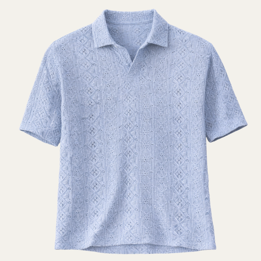 Men's Crochet Knit Polo Shirt Short Sleeve Light Blue - VibreMode