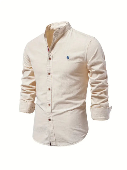 Men's Long Sleeve Button Shirt Band Collar White