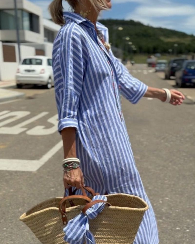 Women's Long Sleeve Stripe Midi Dress