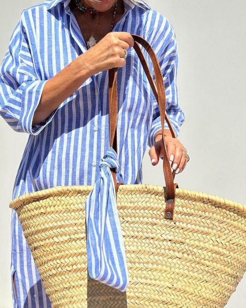 Women's Striped Midi Dress Cotton Button Front 3/4 Sleeve