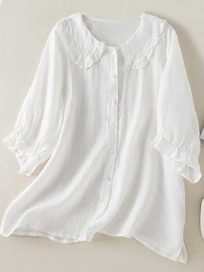 Women's Linen Blend Tunic Ruffled Collar