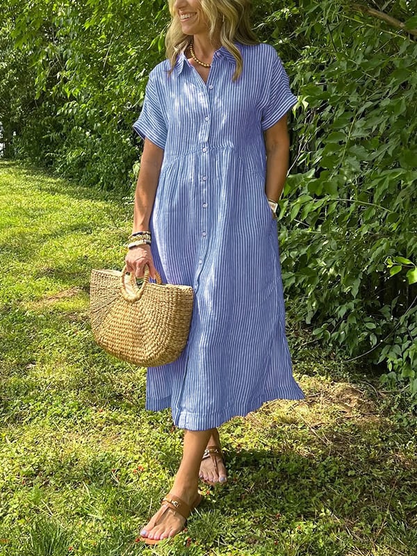 Women's Striped Button Front Dress - VibreMode