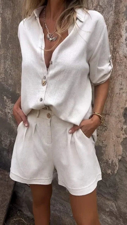 Women's Button Shirt Shorts Set