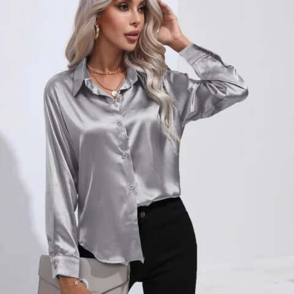 Women's Satin Long Sleeve Blouse Loose Fit