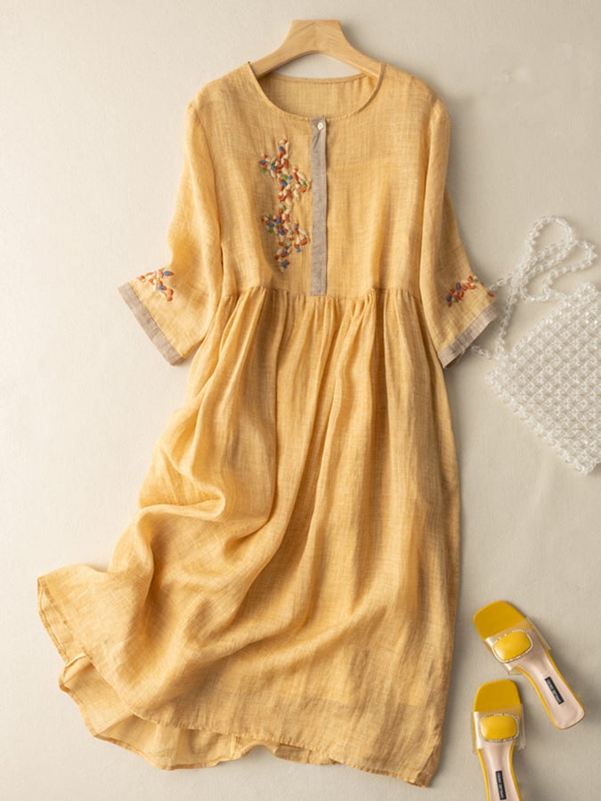 Women's Embroidered Midi Dress Cotton Half Sleeves Contrast Trim - VibreMode