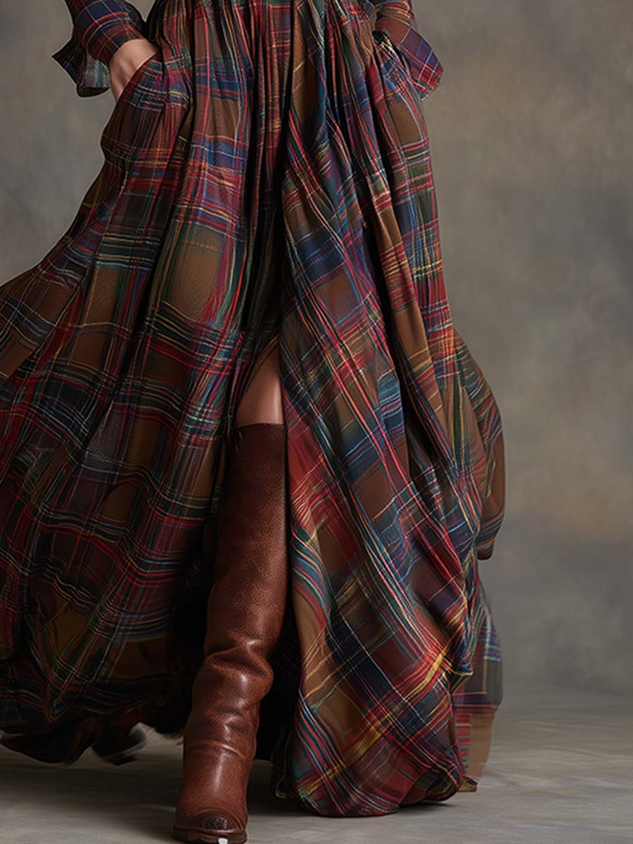 Ladies Classic Checked Long Sleeve Maxi Dress