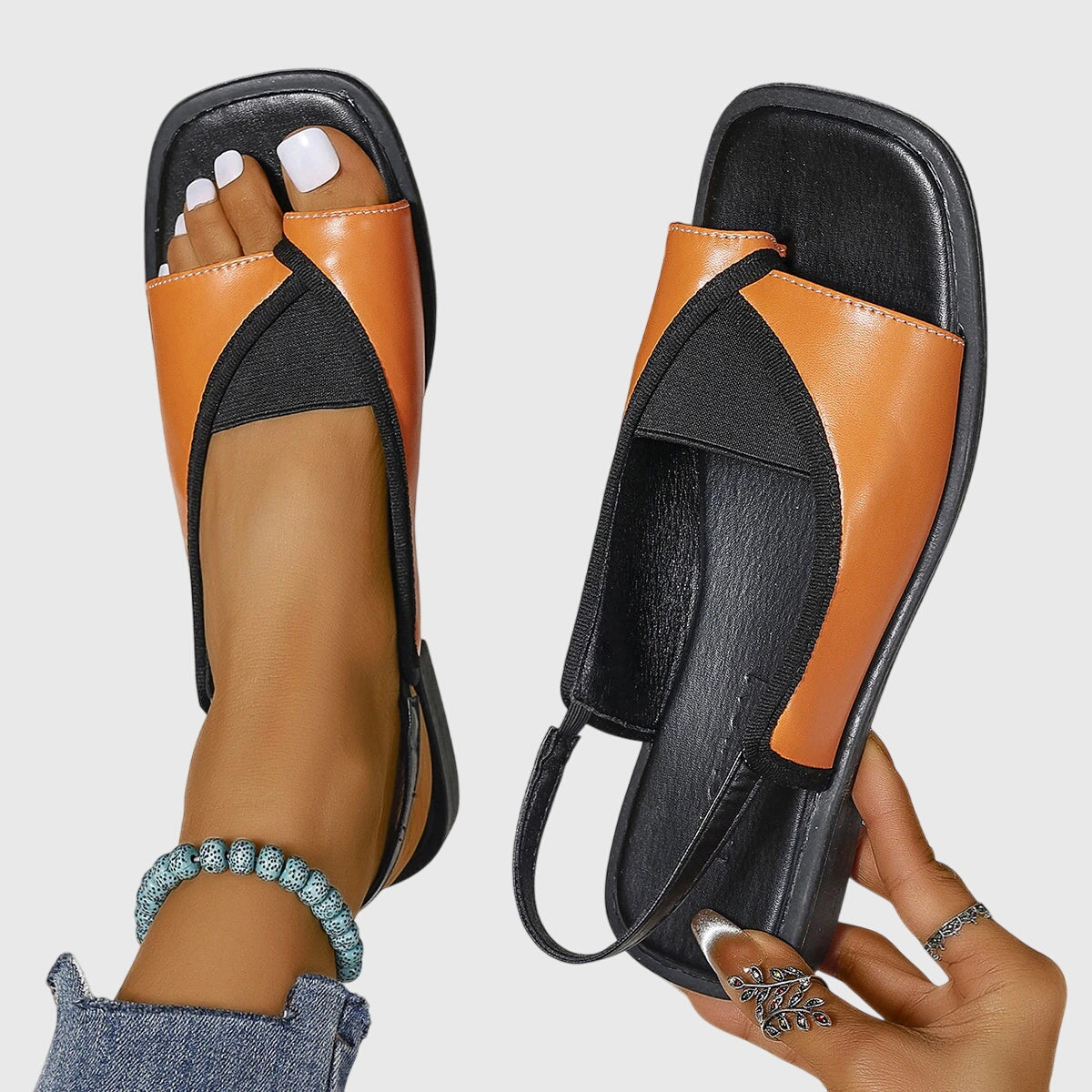 Women's Colorblock Flat Sandals Square Toe Slip-On