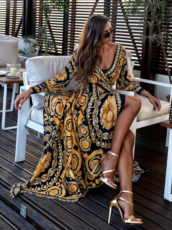 Women's Bohemian Maxi Dress Golden Print High Slit