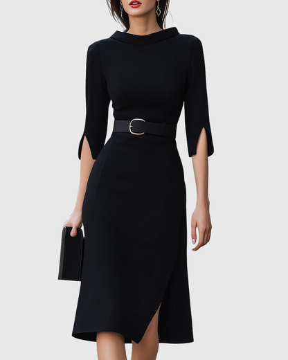 Ladies' Elastic Waist Mock Neck Midi Dress with Flare Sleeves - VibreMode