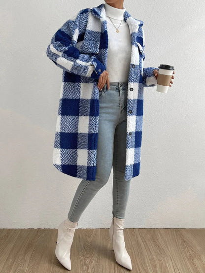 Women's Plaid Fleece Coat Button Front Pockets