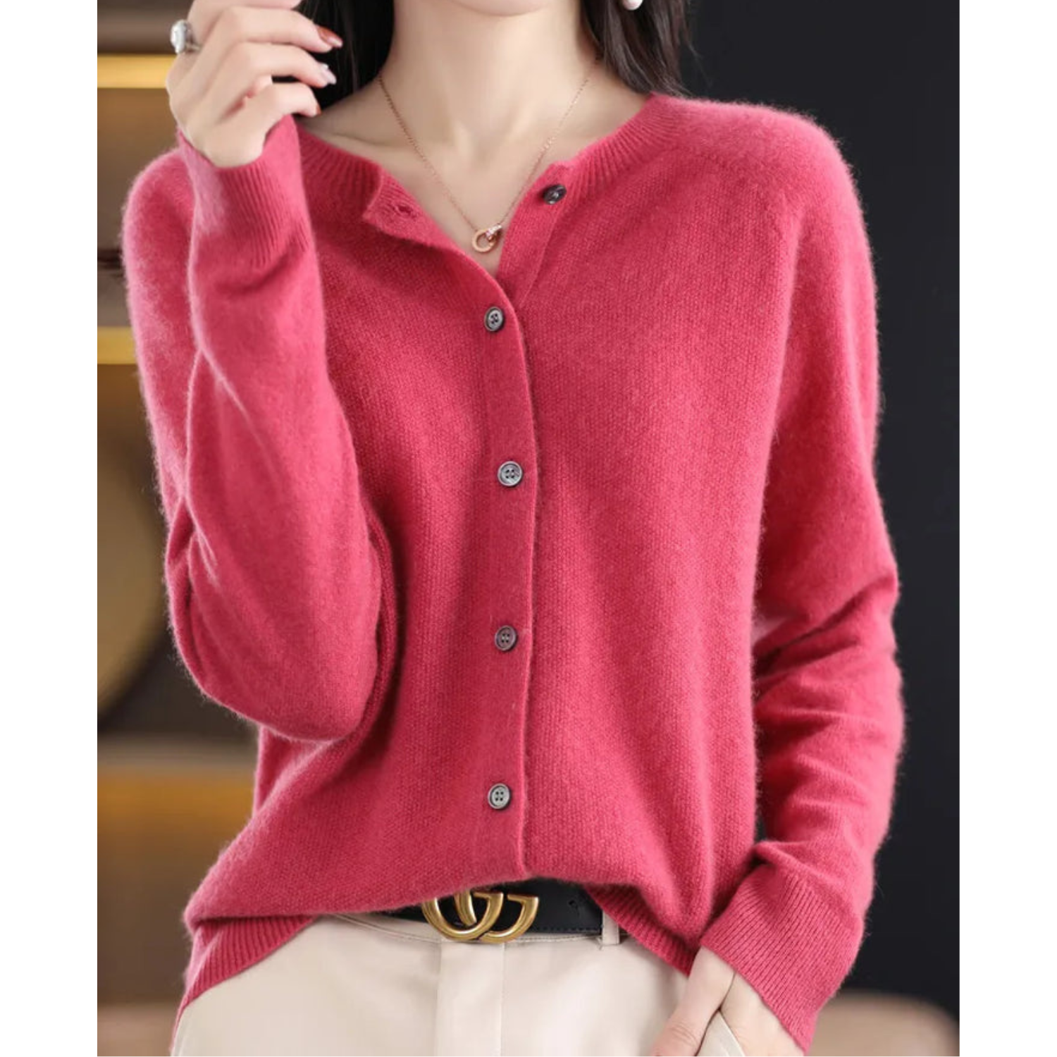 Women's Soft Knit Cardigan Round Neck Button Closure - VibreMode