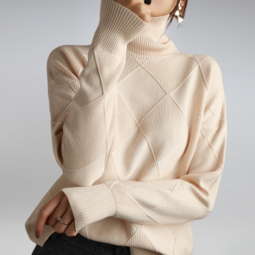 Women's Turtleneck Sweater Diamond Knit Ribbed Cuffs