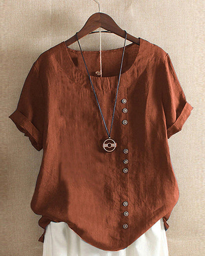 Women's Short Sleeve Blouse Cotton Button Front Rolled Cuffs