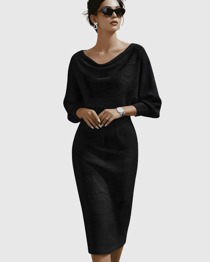 Women's Ribbed Cowl Neck Long Sleeve Midi Dress