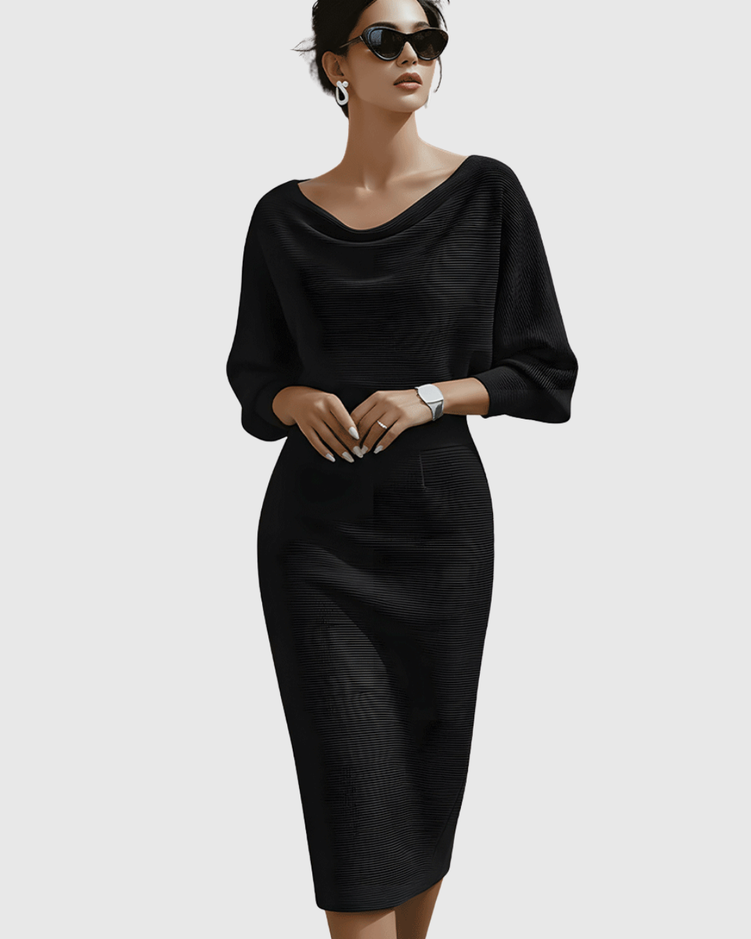 Vivienne Women's Ribbed Midi Dress Cowl Neck Batwing Sleeves