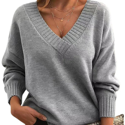 Women's Textured Knit Sweater Relaxed Fit V-Neck