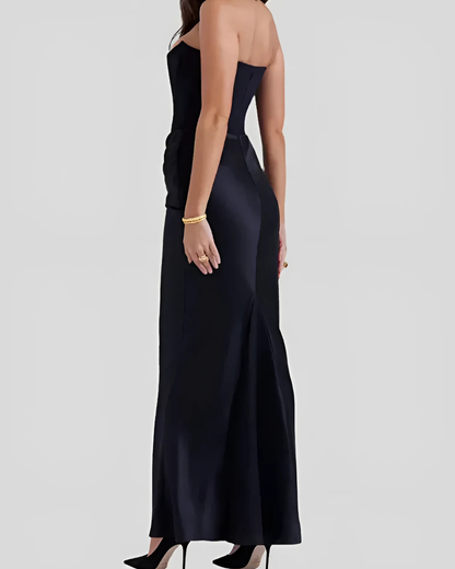 Women's Strapless Maxi Dress Corset-Seam Draped Waist Straight Skirt