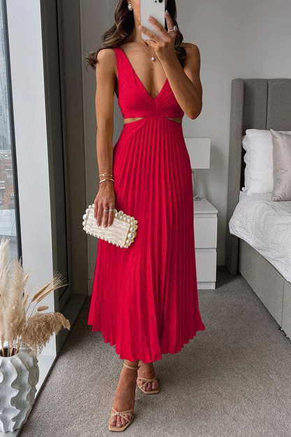 Women's Pleated Midi Dress Flared Skirt