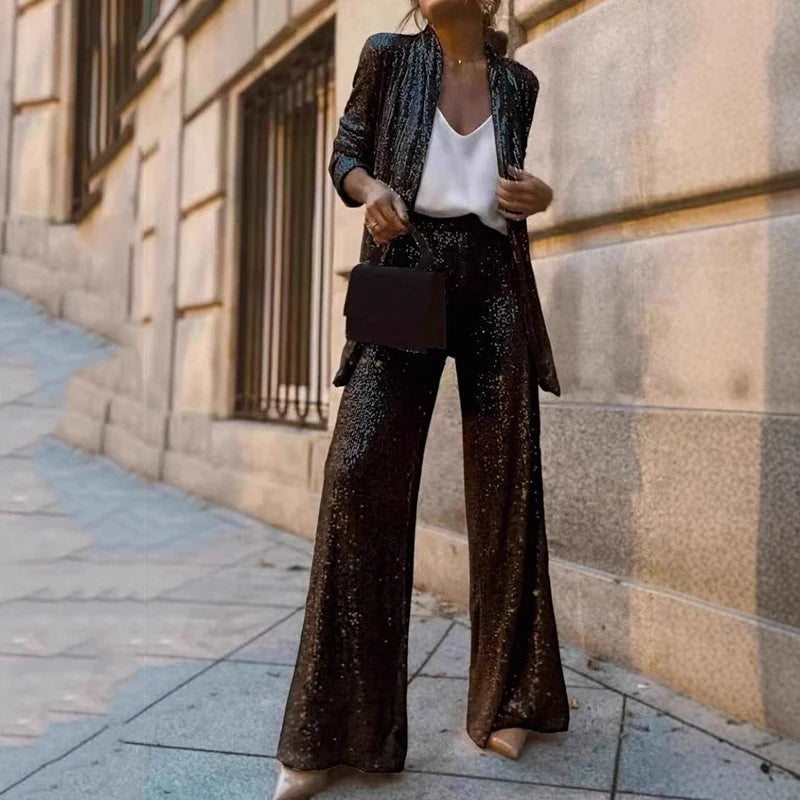 Women's Sequin Two-Piece High-Waisted Pants Set - VibreMode