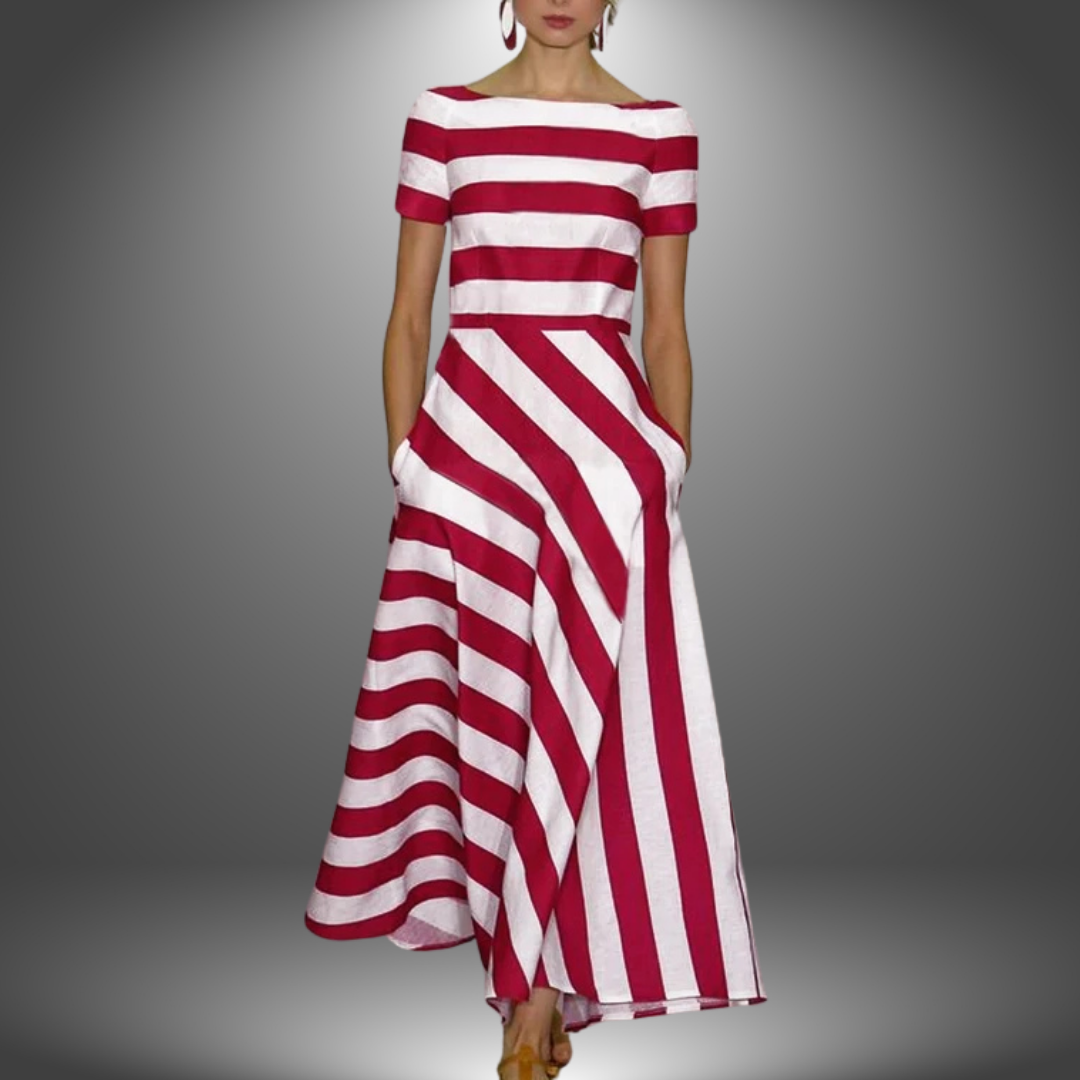 Women's Asymmetric Stripe Midi Dress Short Sleeve - VibreMode