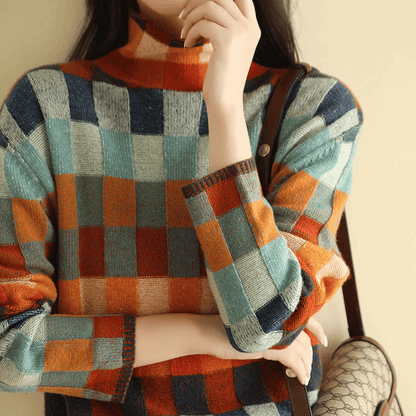 Cashmere Turtleneck Sweater Patchwork Design