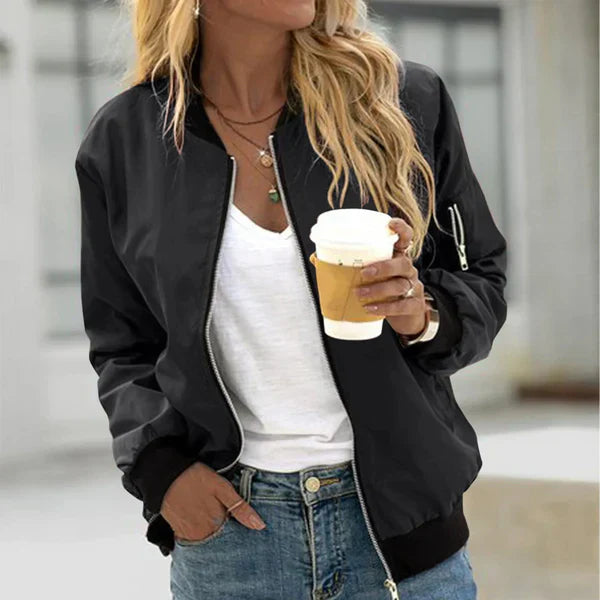 Women's Zip-Up Bomber Jacket Utility Pocket Cotton Black - VibreMode