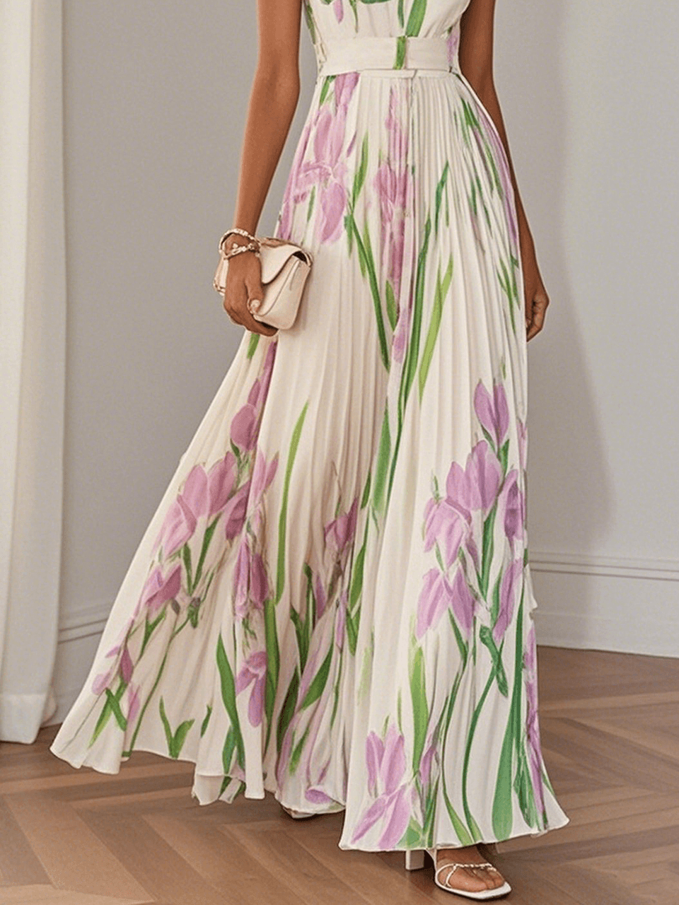 Women's Pleated Maxi Dress Floral Print Wide Straps
